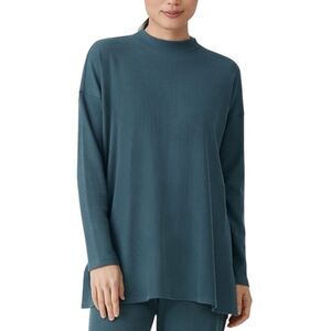 Eileen Fisher Tencel & Organic Cotton Waffle Mock Neck Tunic Top Petite Medium